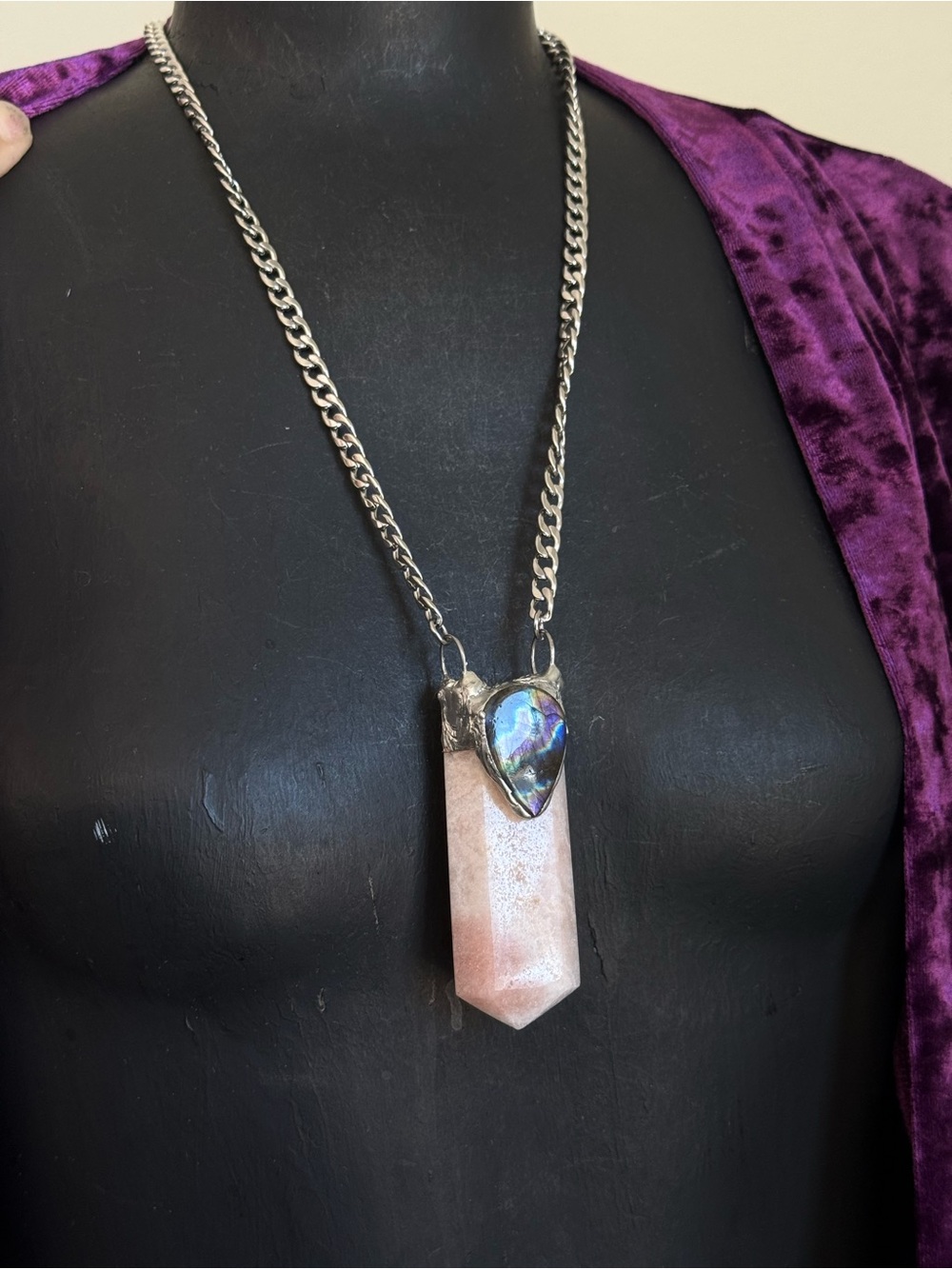 Labradorite and pink agate crystal necklace pendant statement jewelry boho goth